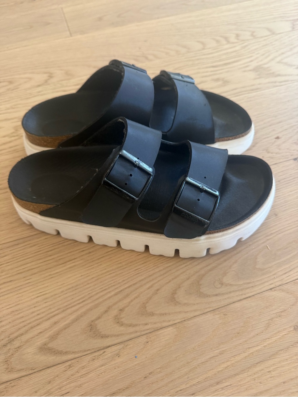 Women’s Papillio Black Double-Buckle Slide Sandals with White Sole size 38
